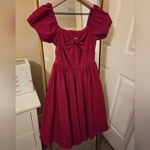 Vixen by Micheline Pitt Red Midi Dress with Puff Sleeves